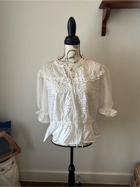 White Eyelet Lace Peasant Blouse with Ruffle Collar